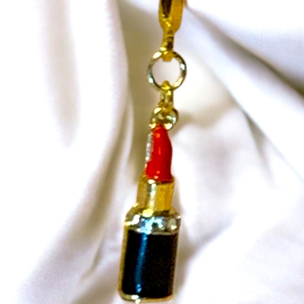 Lipstick Case & Red Lipstick Gold, Black, & Crystal Lever Back Dangle Earrings - Picture 3 of 3